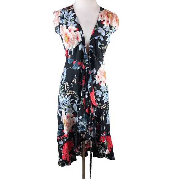 Yumi Kim Anthropologie Silk Floral Mini Wrap Santorini Dress Black Multi Size S - Picture 11 of 12